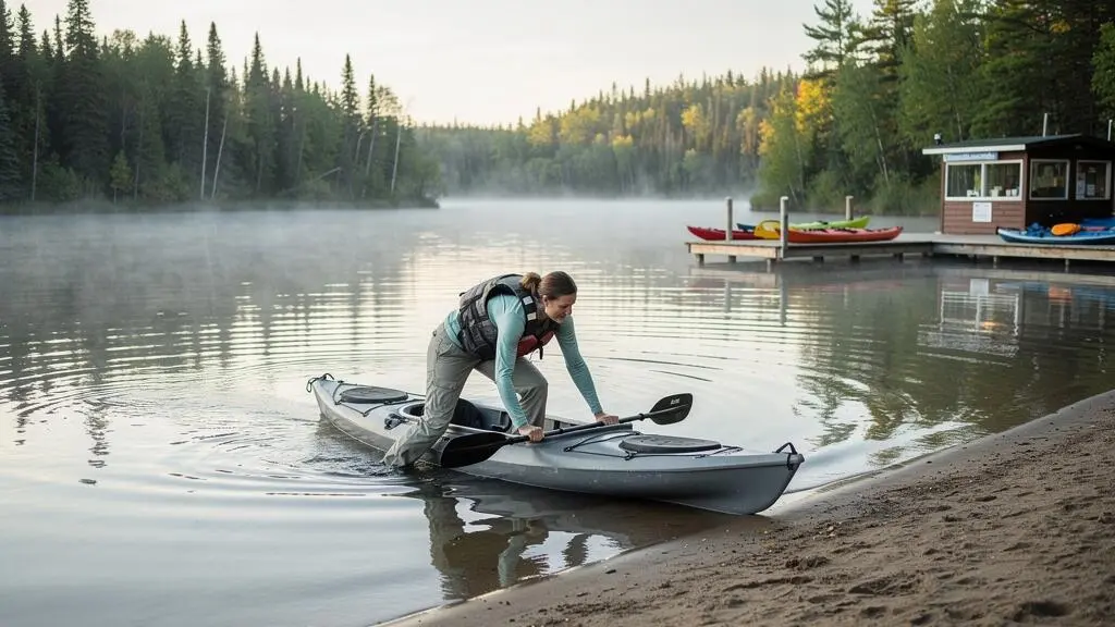 Une débutante lance un kayak sit-on-top depuis une rive sablonneuse d'un petit lac canadien entouré de forêt.
